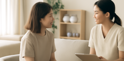 마사지샵에서 고객과 관리사가 진지하게 대화하는 모습