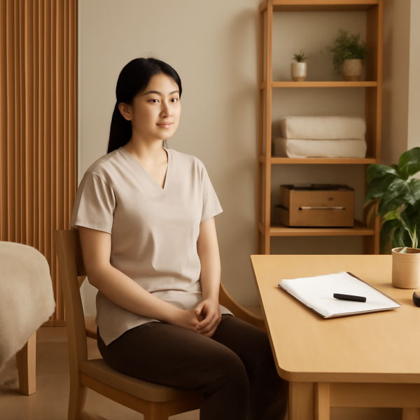 마사지 관리사가 근무 후 정돈된 공간에서 휴식을 취하는 모습