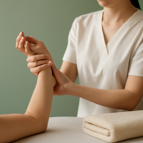 마사지 관리사가 손목 스트레칭과 근육 이완 운동을 하는 모습 클로즈업