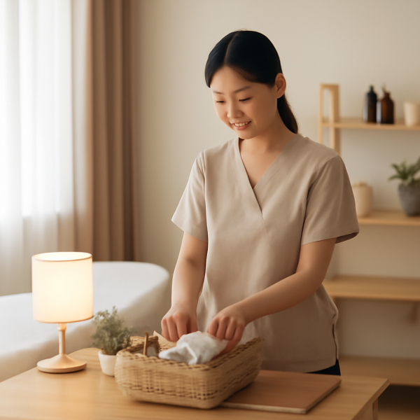 마사지 관리사가 근무 후 도구를 정리하며 휴식을 준비하는 차분한 분위기