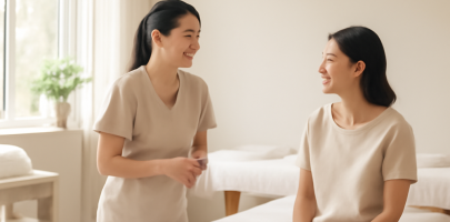 마사지 관리사가 고객과 친근하게 대화하는 넓은 마사지샵 내부 풍경