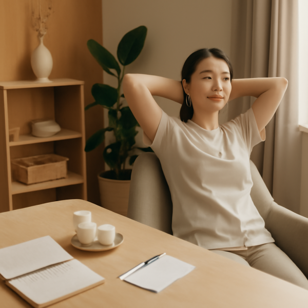 마사지 관리사가 근무 후 휴식을 취하며 체력 회복하는 편안한 공간 모습