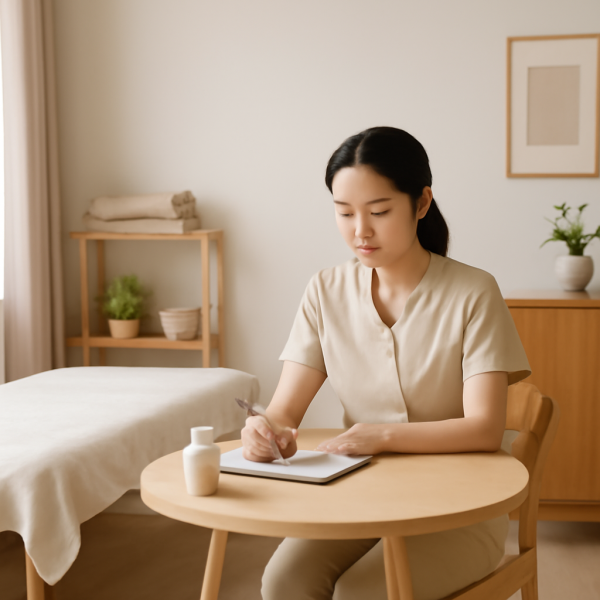 마사지 관리사가 업무 후 휴식을 취하며 스트레칭하는 평온한 공간 이미지