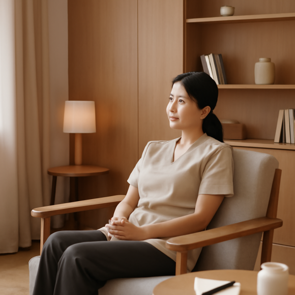 마사지 관리사가 정돈된 휴게 공간에서 휴식을 취하며 심리적 안정감을 느끼는 모습