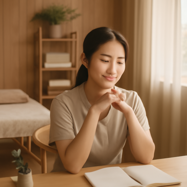 마사지 관리사가 업무 후 정돈된 공간에서 휴식을 취하는 모습