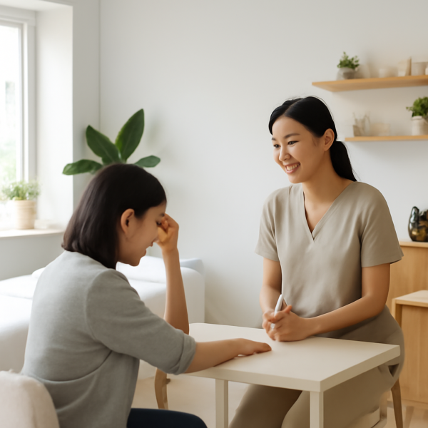 마사지 관리사 업무 중 스트레스 상황을 조절하는 현장 이미지