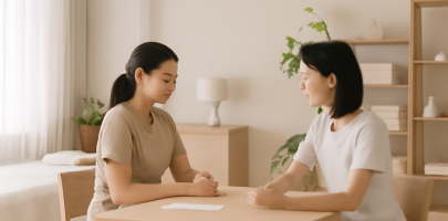 마사지샵에서 고객과 상담 중인 마사지 관리사 모습
