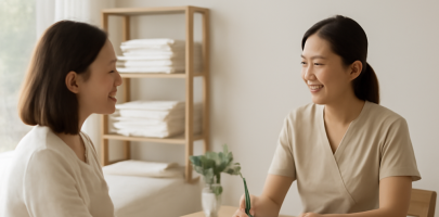 마사지 관리사가 고객과 상담하며 맞춤 서비스를 준비하는 모습