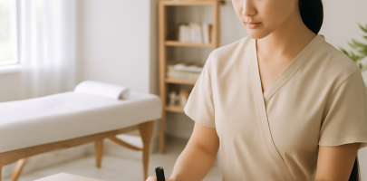 마사지 관리사가 업무 체크리스트를 확인하며 업무 준비를 하는 모습