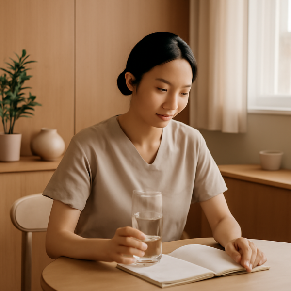 마사지 관리사가 업무 후 휴식을 취하며 건강을 관리하는 모습