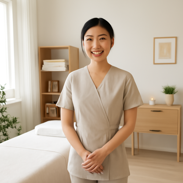마사지샵에서 전문적인 복장과 태도로 고객을 맞이하는 마사지 관리사